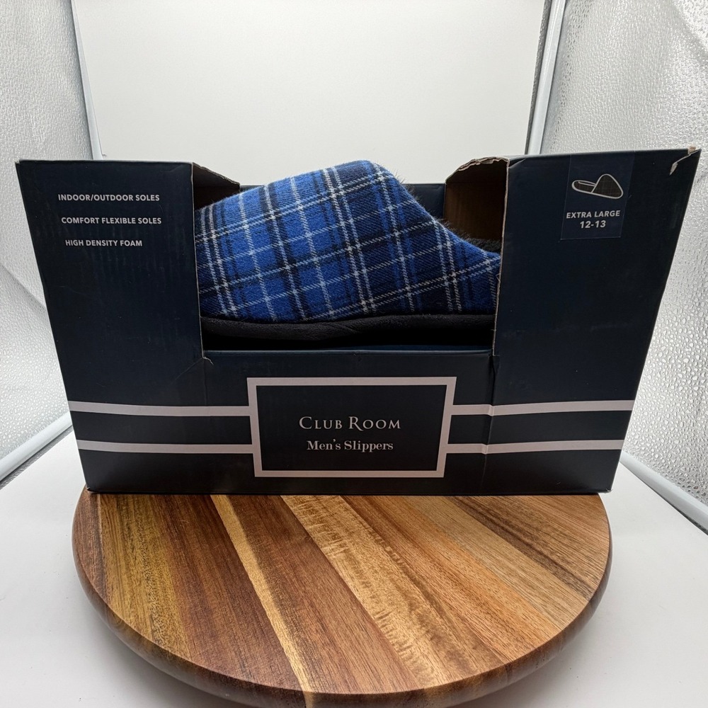 Club Room Men's Size 12-13 XL Blue Plaid Scuff Slippers Indoor Outdoor  0692